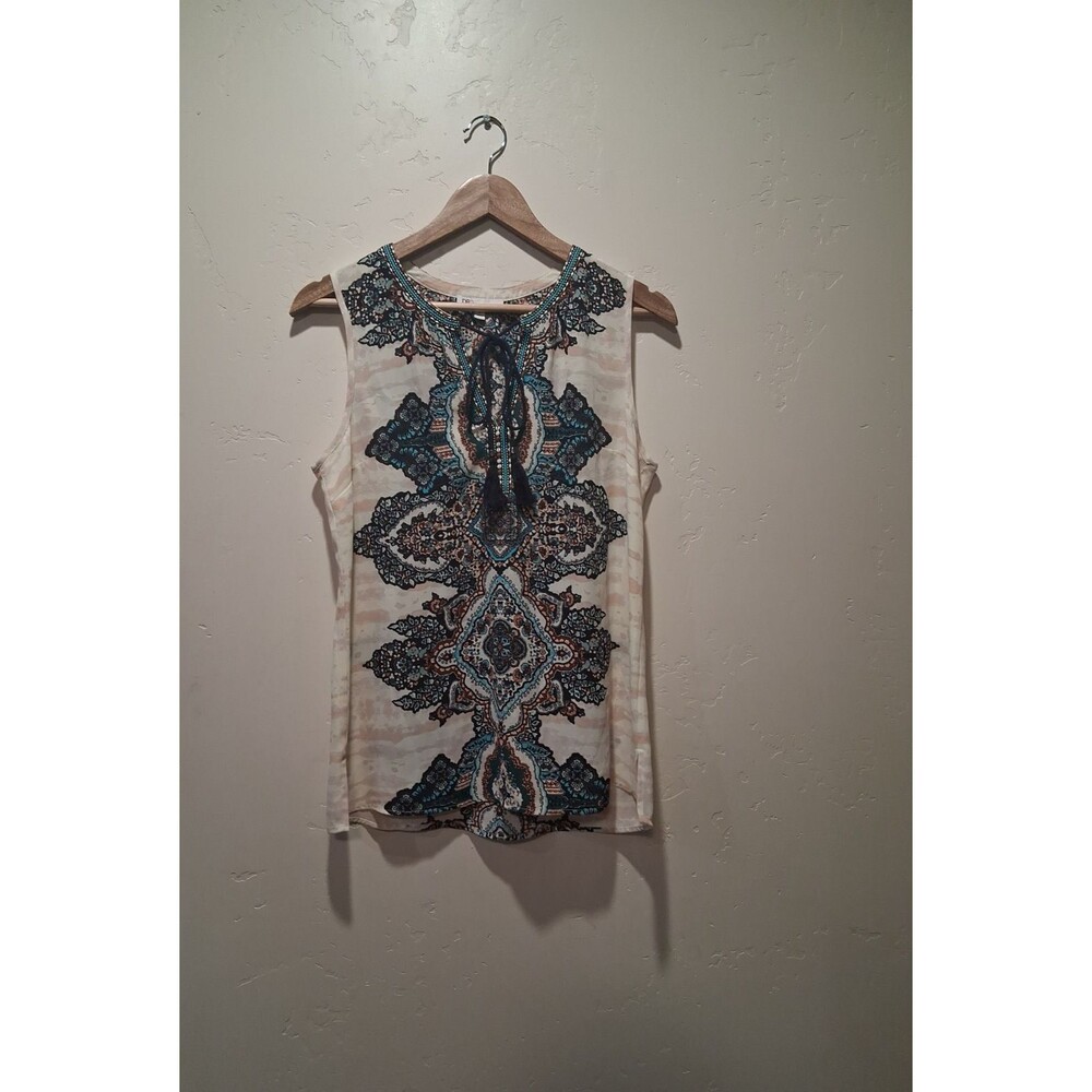 DR2 Daniel Rainn S Boho Tank Cream Navy Chiffon Geometric Medallion Flowy Tassel